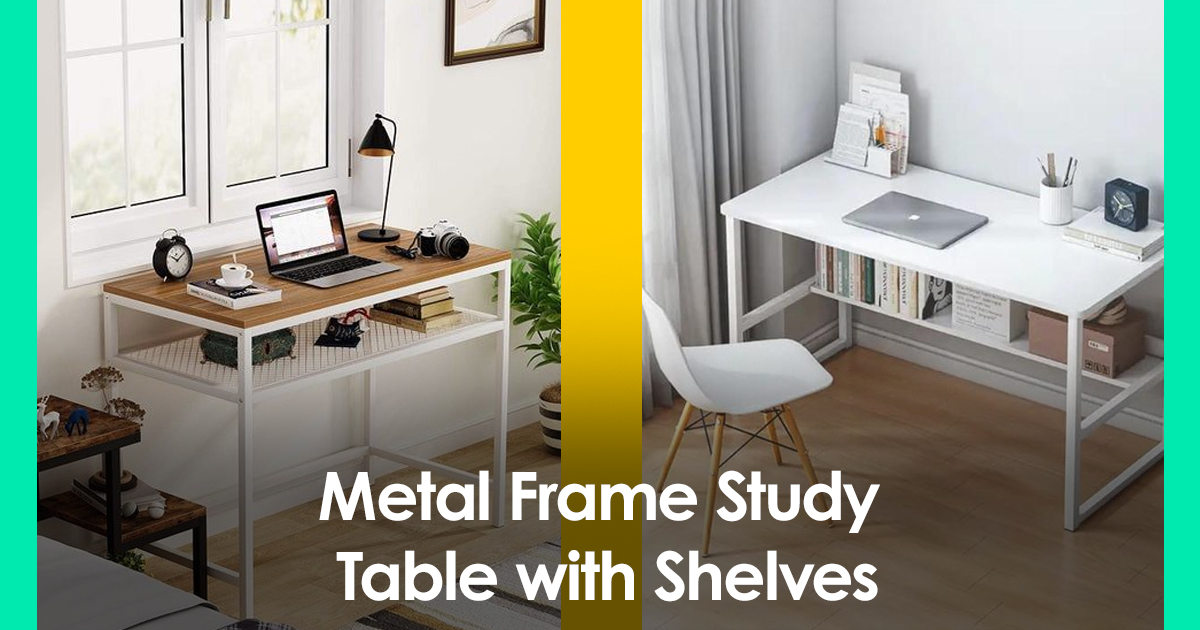 Metal Frame Study Table with Shelves 